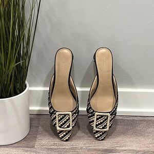 Ann Taylor Black and Cream Buckle Kitten Heels
